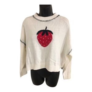 Jessica Simpson exposed crossstitch strawberry print offwhite sweater size small